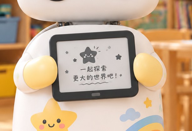 StarMii pro 墨水屏手臂附件细节：两条黄色圆润手臂环抱一块方形电子墨水屏